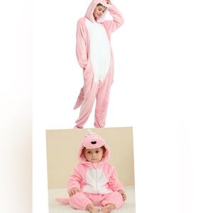 Family Matching Mother Daughter Cozy Pink and White Fleece Onesie Costume
